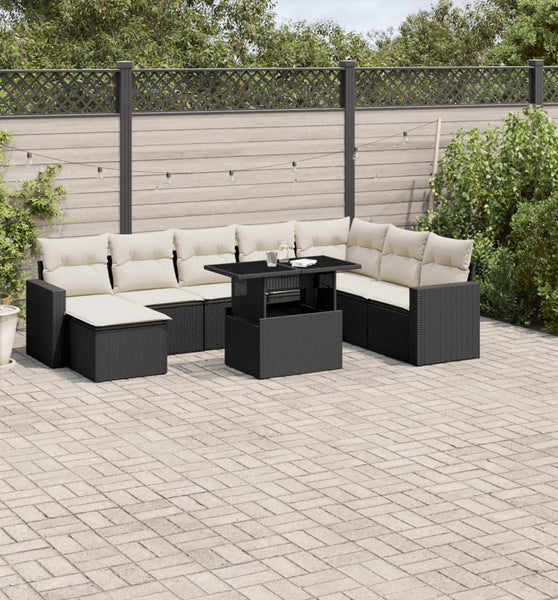 9-tlg. Garten-Sofagarnitur mit Kissen Schwarz Poly Rattan