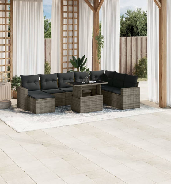9-tlg. Garten-Sofagarnitur mit Kissen Grau Poly Rattan