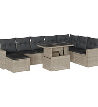 9-tlg. Garten-Sofagarnitur mit Kissen Hellgrau Poly Rattan