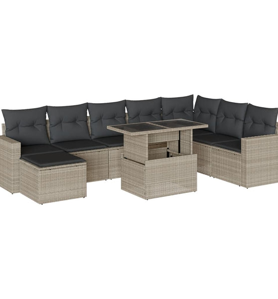 9-tlg. Garten-Sofagarnitur mit Kissen Hellgrau Poly Rattan
