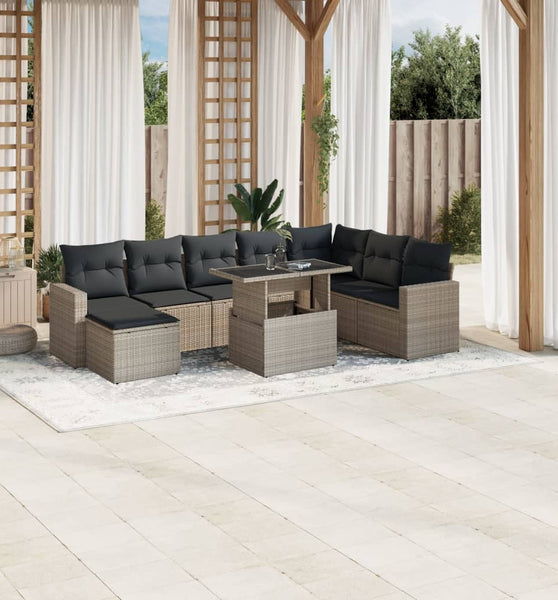 9-tlg. Garten-Sofagarnitur mit Kissen Hellgrau Poly Rattan