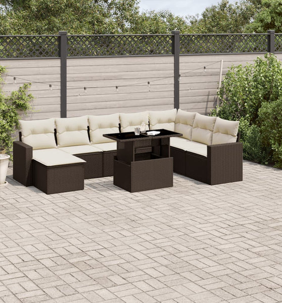 9-tlg. Garten-Sofagarnitur mit Kissen Braun Poly Rattan