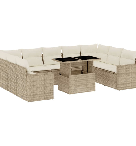 10-tlg. Garten-Sofagarnitur mit Kissen Beige Poly Rattan