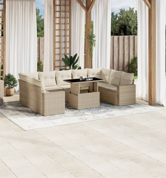 10-tlg. Garten-Sofagarnitur mit Kissen Beige Poly Rattan
