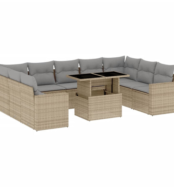 10-tlg. Garten-Sofagarnitur mit Kissen Beige Poly Rattan