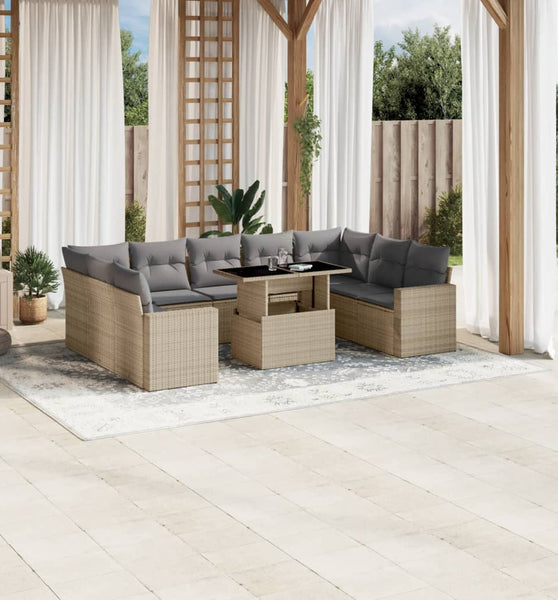 10-tlg. Garten-Sofagarnitur mit Kissen Beige Poly Rattan