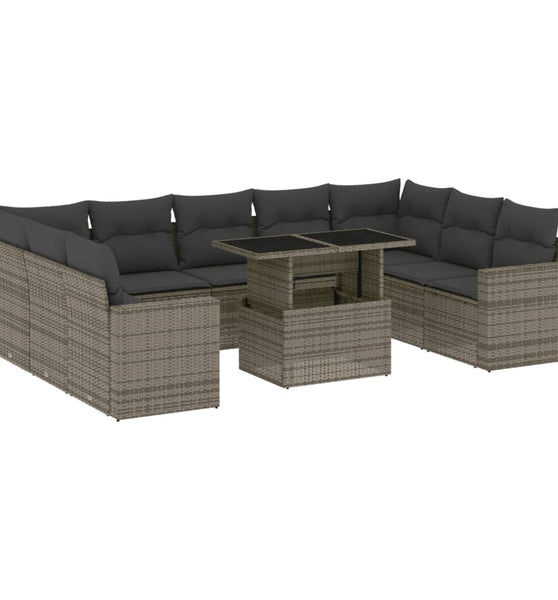 10-tlg. Garten-Sofagarnitur mit Kissen Grau Poly Rattan
