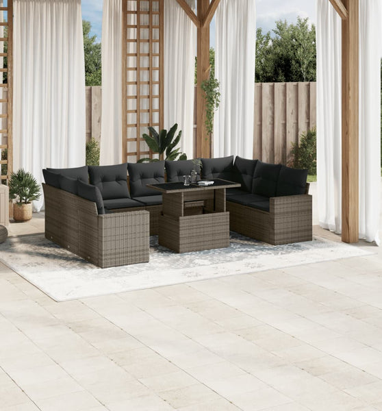 10-tlg. Garten-Sofagarnitur mit Kissen Grau Poly Rattan