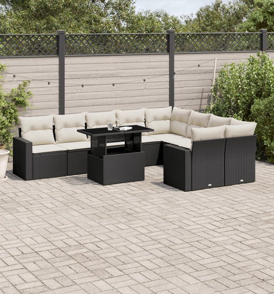 10-tlg. Garten-Sofagarnitur mit Kissen Schwarz Poly Rattan