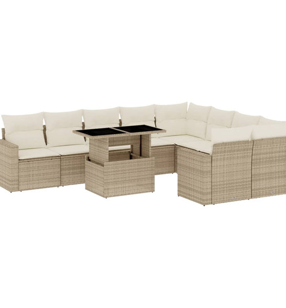 10-tlg. Garten-Sofagarnitur mit Kissen Beige Poly Rattan