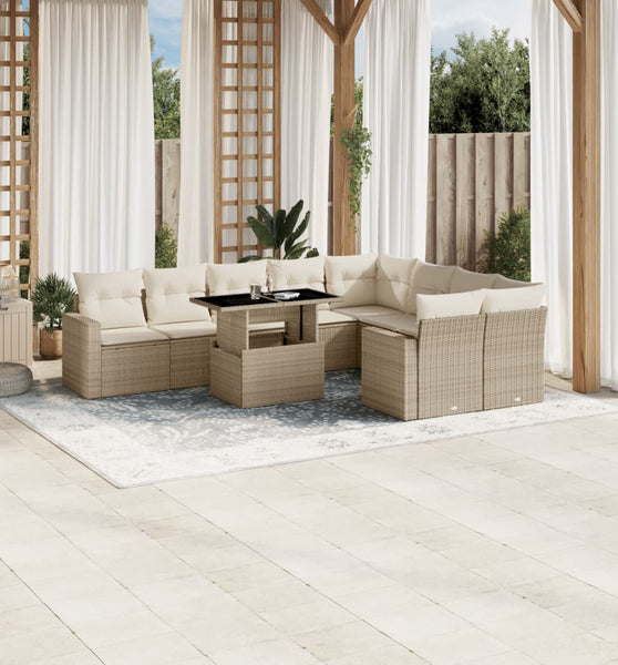 10-tlg. Garten-Sofagarnitur mit Kissen Beige Poly Rattan