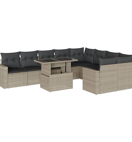 10-tlg. Garten-Sofagarnitur mit Kissen Hellgrau Poly Rattan