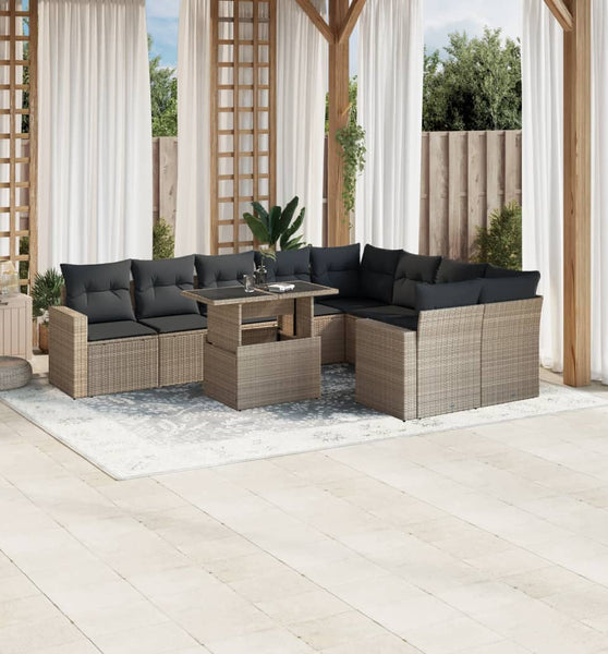 10-tlg. Garten-Sofagarnitur mit Kissen Hellgrau Poly Rattan