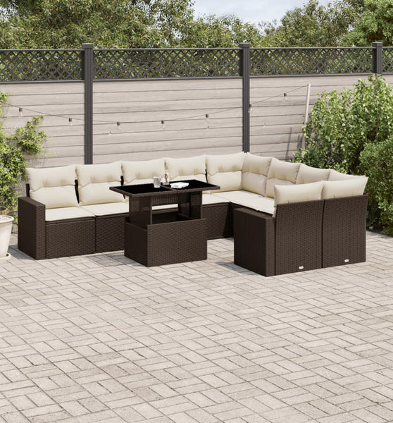 10-tlg. Garten-Sofagarnitur mit Kissen Braun Poly Rattan
