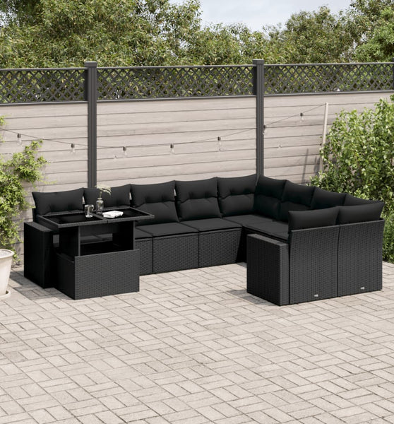 10-tlg. Garten-Sofagarnitur mit Kissen Schwarz Poly Rattan
