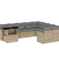 10-tlg. Garten-Sofagarnitur mit Kissen Beige Poly Rattan