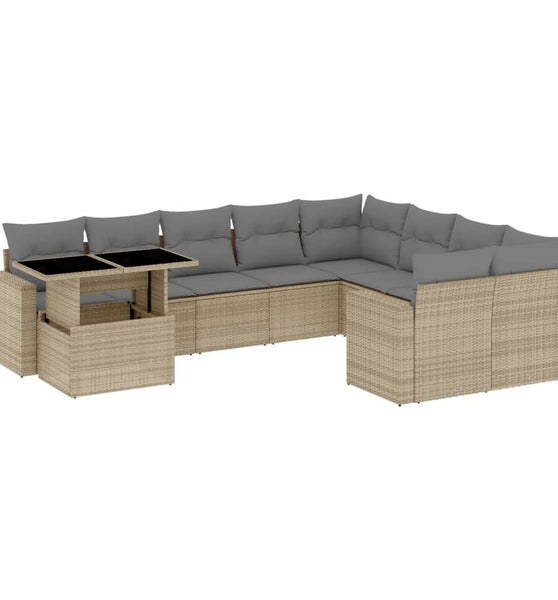 10-tlg. Garten-Sofagarnitur mit Kissen Beige Poly Rattan
