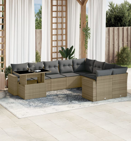 10-tlg. Garten-Sofagarnitur mit Kissen Beige Poly Rattan