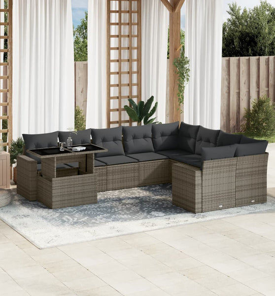 10-tlg. Garten-Sofagarnitur mit Kissen Grau Poly Rattan