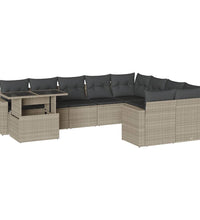 10-tlg. Garten-Sofagarnitur mit Kissen Hellgrau Poly Rattan