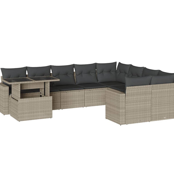 10-tlg. Garten-Sofagarnitur mit Kissen Hellgrau Poly Rattan