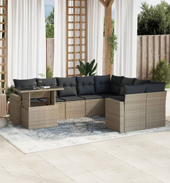 10-tlg. Garten-Sofagarnitur mit Kissen Hellgrau Poly Rattan