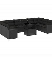 11-tlg. Garten-Sofagarnitur mit Kissen Schwarz Poly Rattan