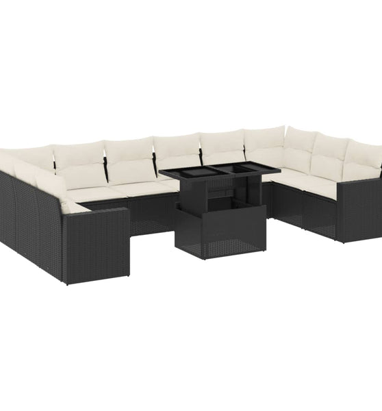 11-tlg. Garten-Sofagarnitur mit Kissen Schwarz Poly Rattan