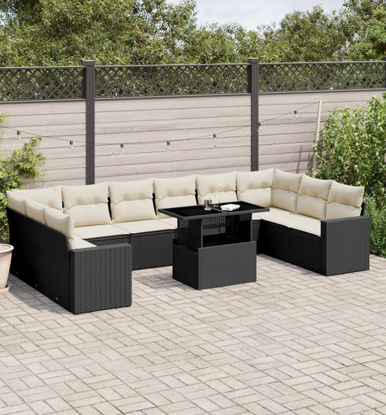 11-tlg. Garten-Sofagarnitur mit Kissen Schwarz Poly Rattan