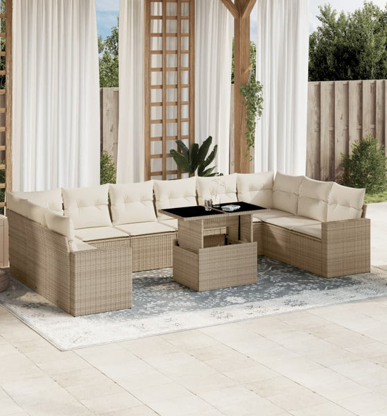 11-tlg. Garten-Sofagarnitur mit Kissen Beige Poly Rattan