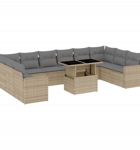11-tlg. Garten-Sofagarnitur mit Kissen Beige Poly Rattan