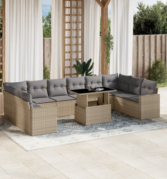 11-tlg. Garten-Sofagarnitur mit Kissen Beige Poly Rattan