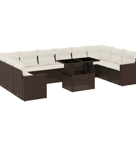 11-tlg. Garten-Sofagarnitur mit Kissen Braun Poly Rattan