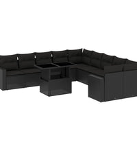 11-tlg. Garten-Sofagarnitur mit Kissen Schwarz Poly Rattan