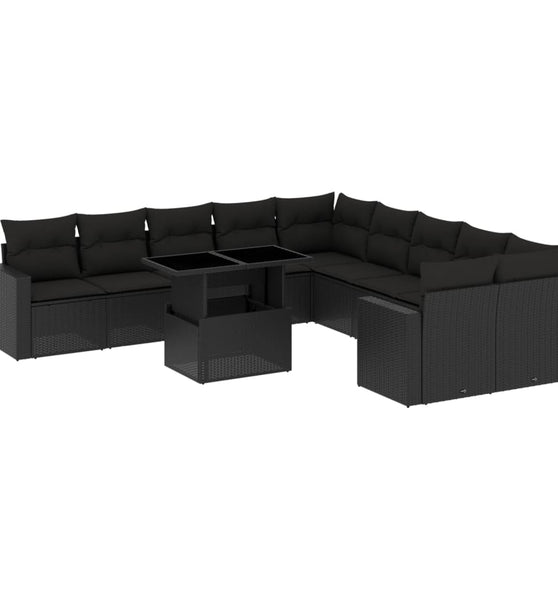 11-tlg. Garten-Sofagarnitur mit Kissen Schwarz Poly Rattan
