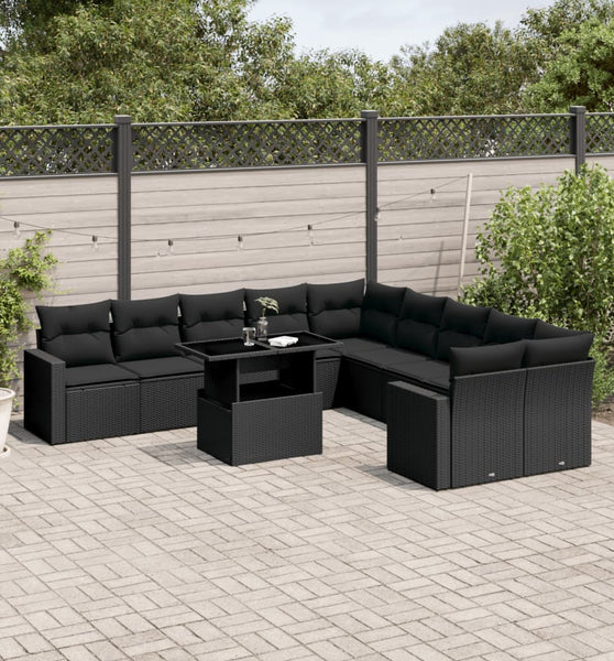 11-tlg. Garten-Sofagarnitur mit Kissen Schwarz Poly Rattan