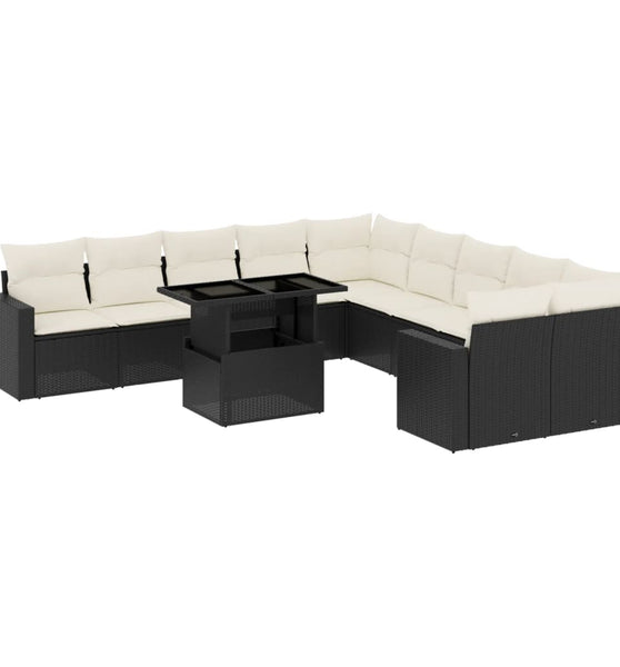 11-tlg. Garten-Sofagarnitur mit Kissen Schwarz Poly Rattan