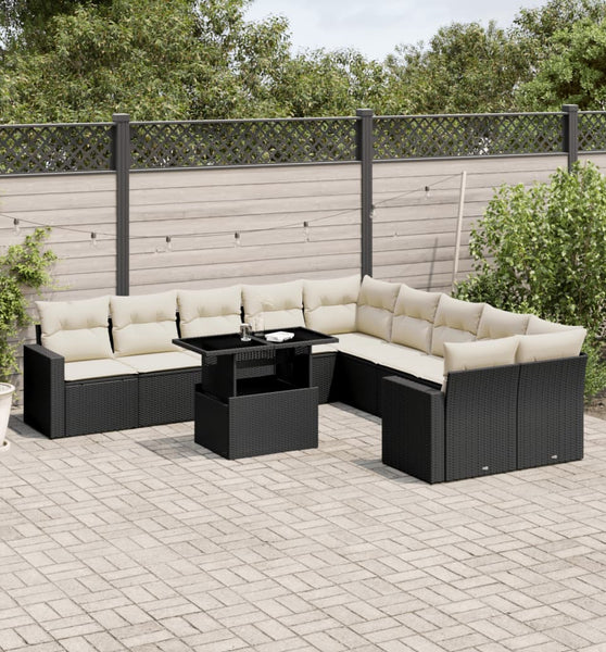11-tlg. Garten-Sofagarnitur mit Kissen Schwarz Poly Rattan