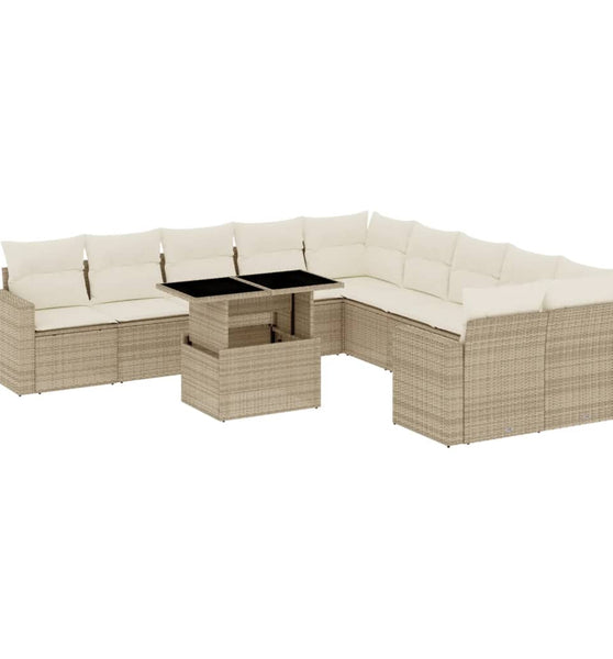 11-tlg. Garten-Sofagarnitur mit Kissen Beige Poly Rattan