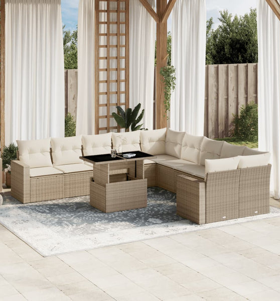 11-tlg. Garten-Sofagarnitur mit Kissen Beige Poly Rattan