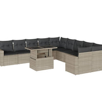 11-tlg. Garten-Sofagarnitur mit Kissen Hellgrau Poly Rattan