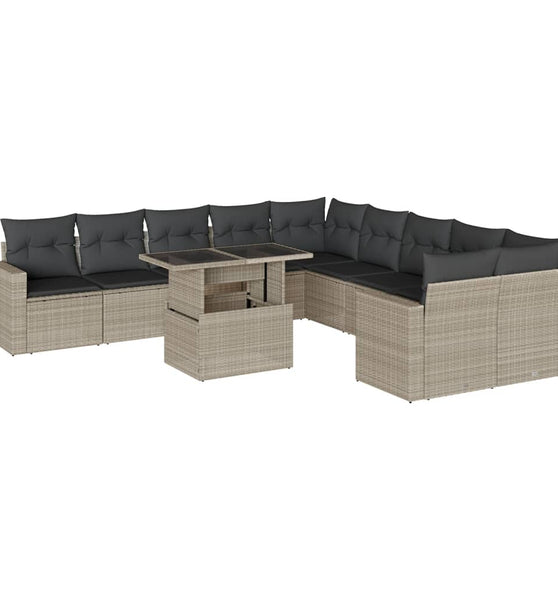 11-tlg. Garten-Sofagarnitur mit Kissen Hellgrau Poly Rattan