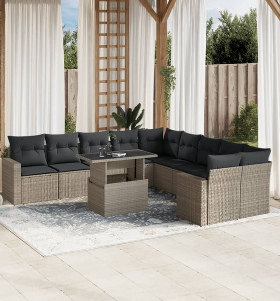 11-tlg. Garten-Sofagarnitur mit Kissen Hellgrau Poly Rattan