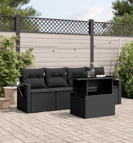 5-tlg. Garten-Sofagarnitur mit Kissen Schwarz Poly Rattan