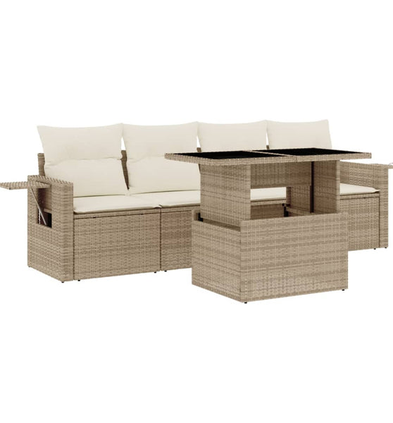 5-tlg. Garten-Sofagarnitur mit Kissen Beige Poly Rattan