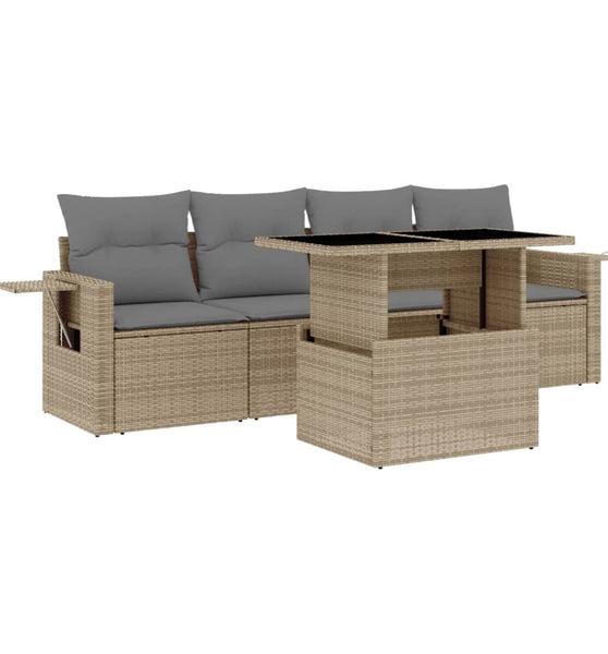 5-tlg. Garten-Sofagarnitur mit Kissen Beige Poly Rattan