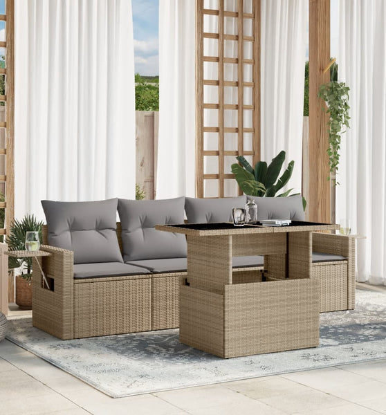 5-tlg. Garten-Sofagarnitur mit Kissen Beige Poly Rattan