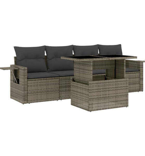 5-tlg. Garten-Sofagarnitur mit Kissen Grau Poly Rattan