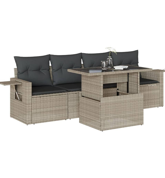 5-tlg. Garten-Sofagarnitur mit Kissen Hellgrau Poly Rattan