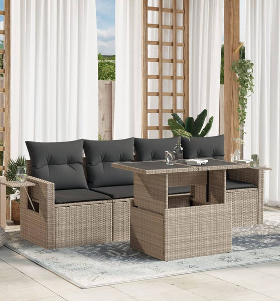 5-tlg. Garten-Sofagarnitur mit Kissen Hellgrau Poly Rattan